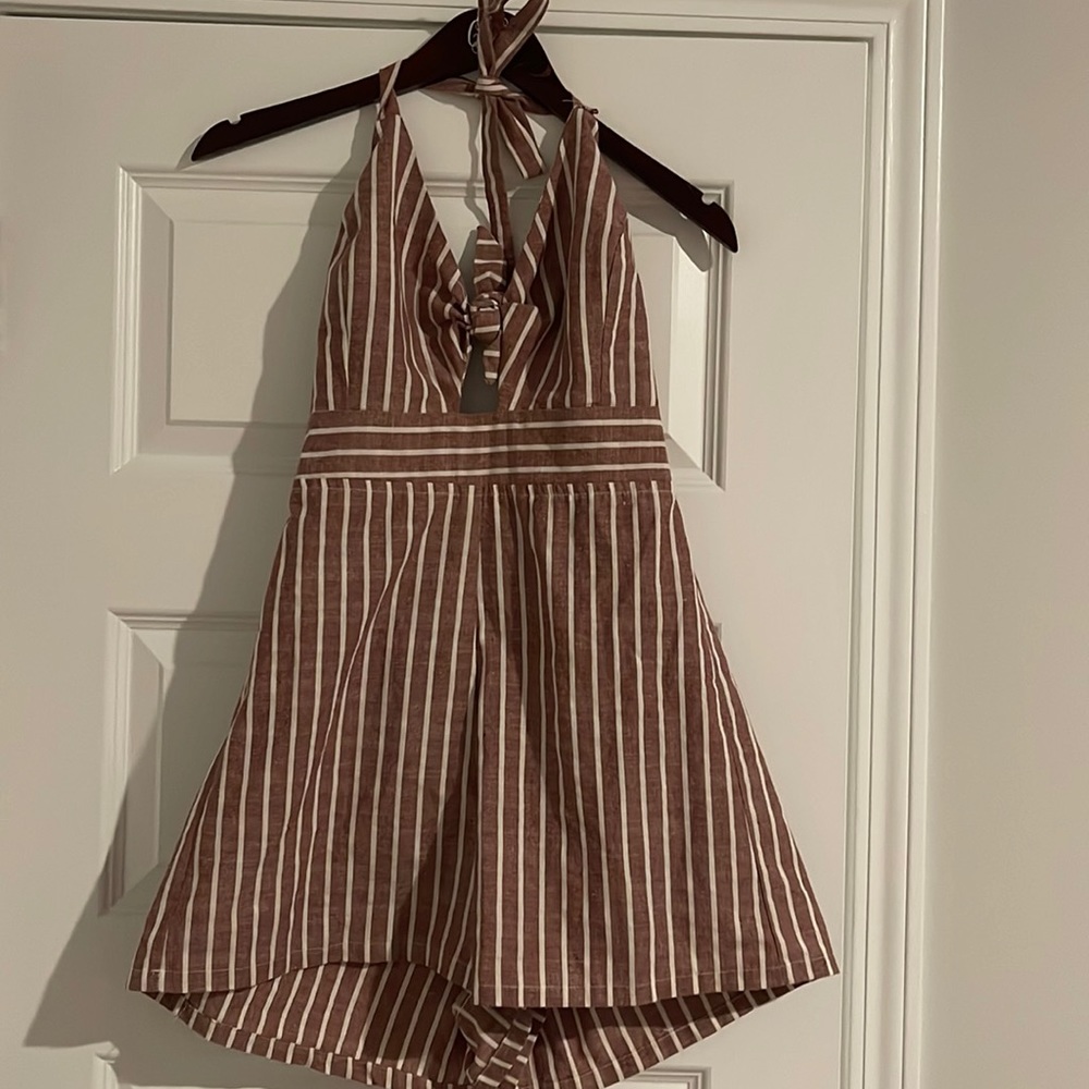 Love Tree Red White stripe halter neck  keyhole detail romper open back large